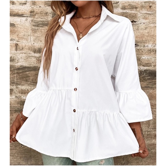 Boho Button Down Ruffle Sleeve Oversized Shirt - Picture 3 of 5